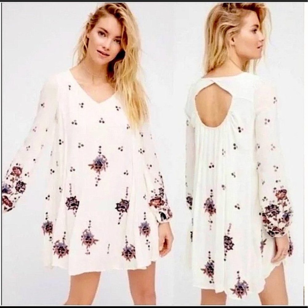 Free People Oxford Floral Embroidered Mini Dress Bell Sleeves Festival Small - Picture 3 of 7